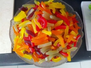 This is what 2kg of lolly snakes looks like after you cut them up in preparation for the boil.